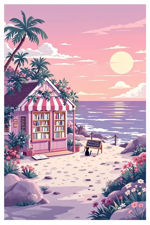 《海边书店》2026 年热门推荐影片封面海报：门口对着银灰海面的小书店