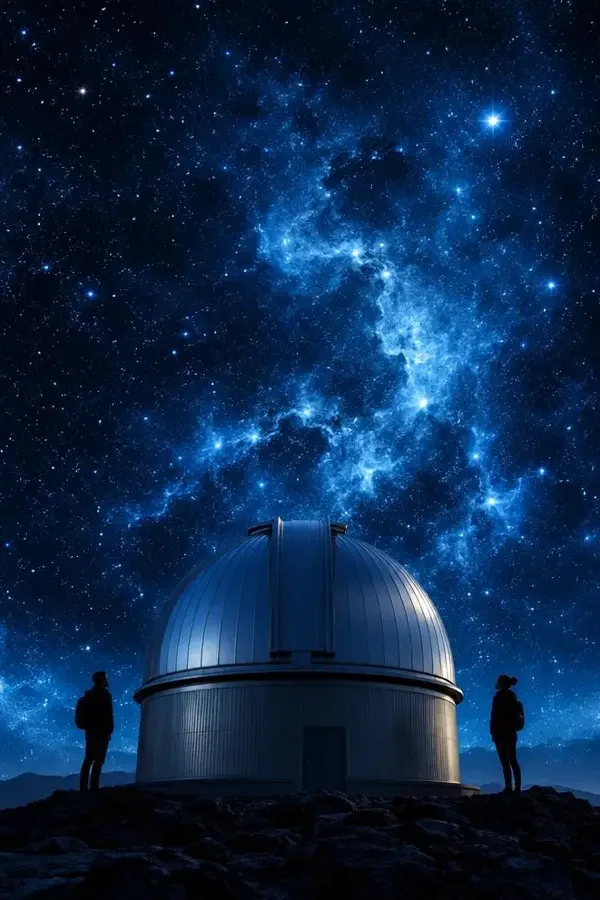 《群星之间》2026 年热门推荐影片封面海报：银色天文台穹顶与深蓝星野