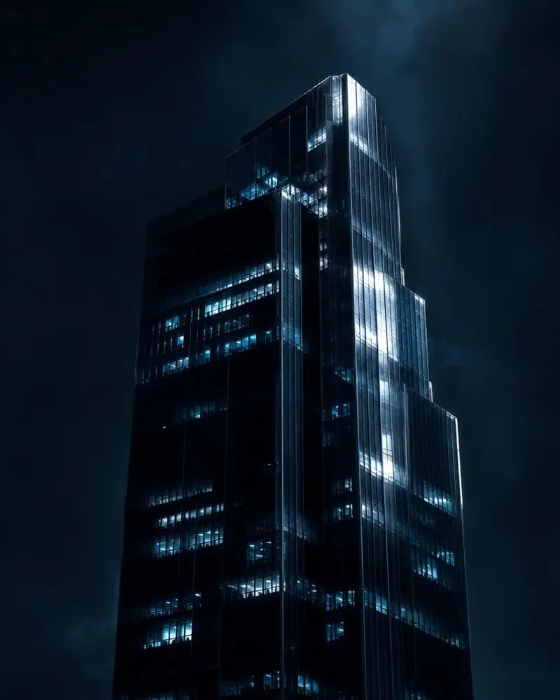 都市暗面专题封面：夜色中的玻璃幕墙写字楼与冷蓝灯光